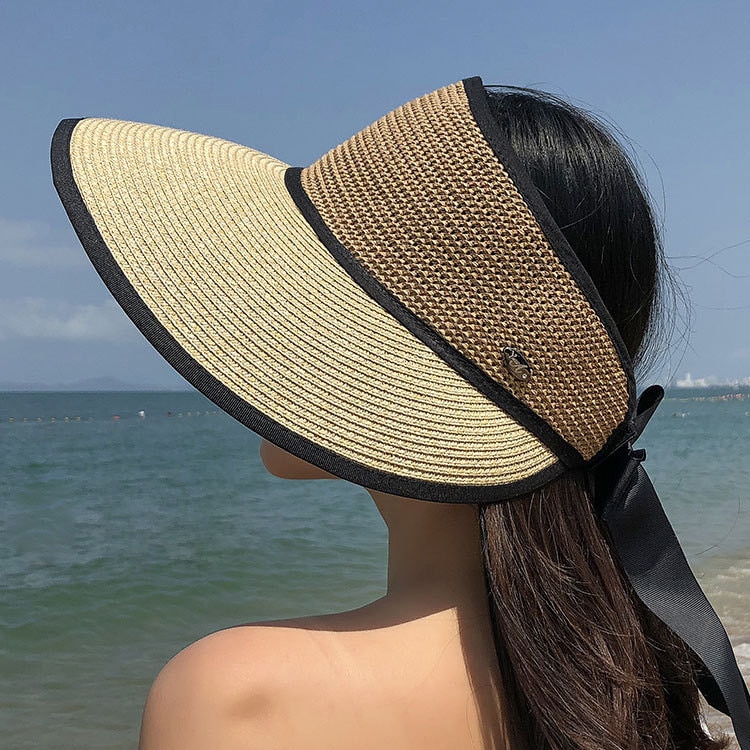 Chapeaux de soleil pour les femmes chapeau d'été chapeau de paille visière décontracté large bord disquette pliable solide été soleil plage chapeau T424