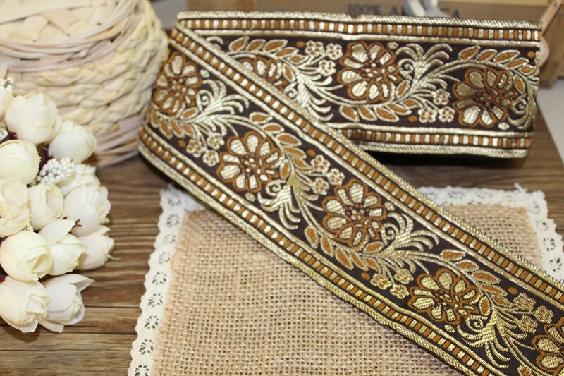 10 jardów tkana wstążka żakardowa 6 cm brązowy kwiat