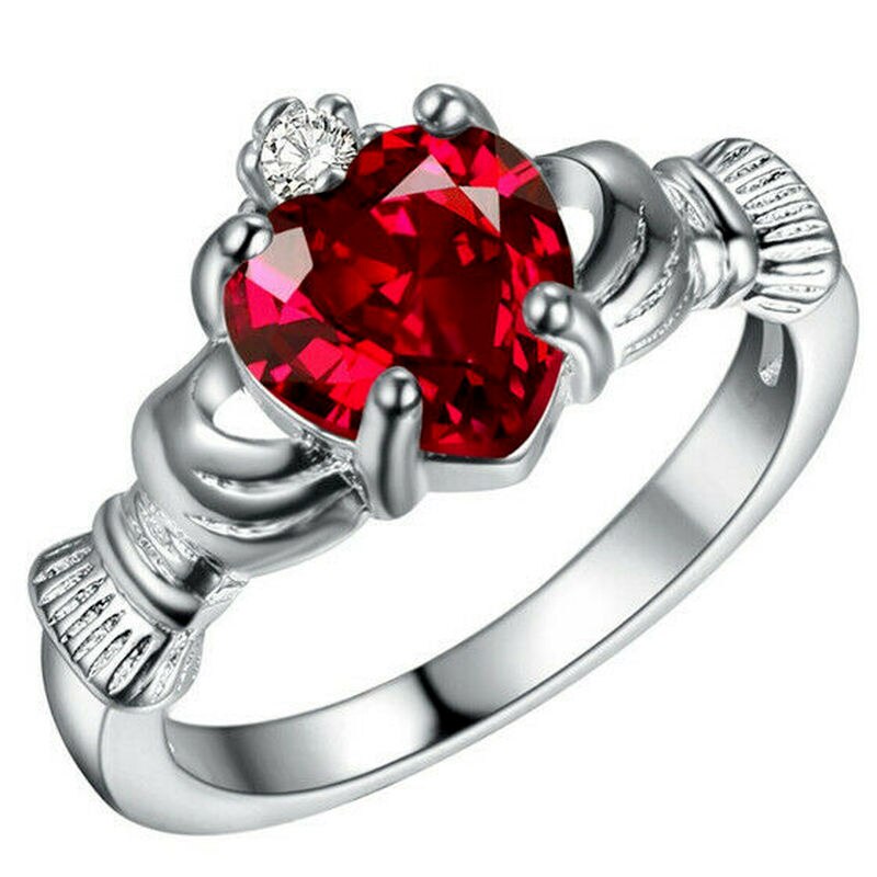Anillo Claddagh de compromiso de boda con corona de circón de Color plateado para mujer talla 6-10: 10 / RED