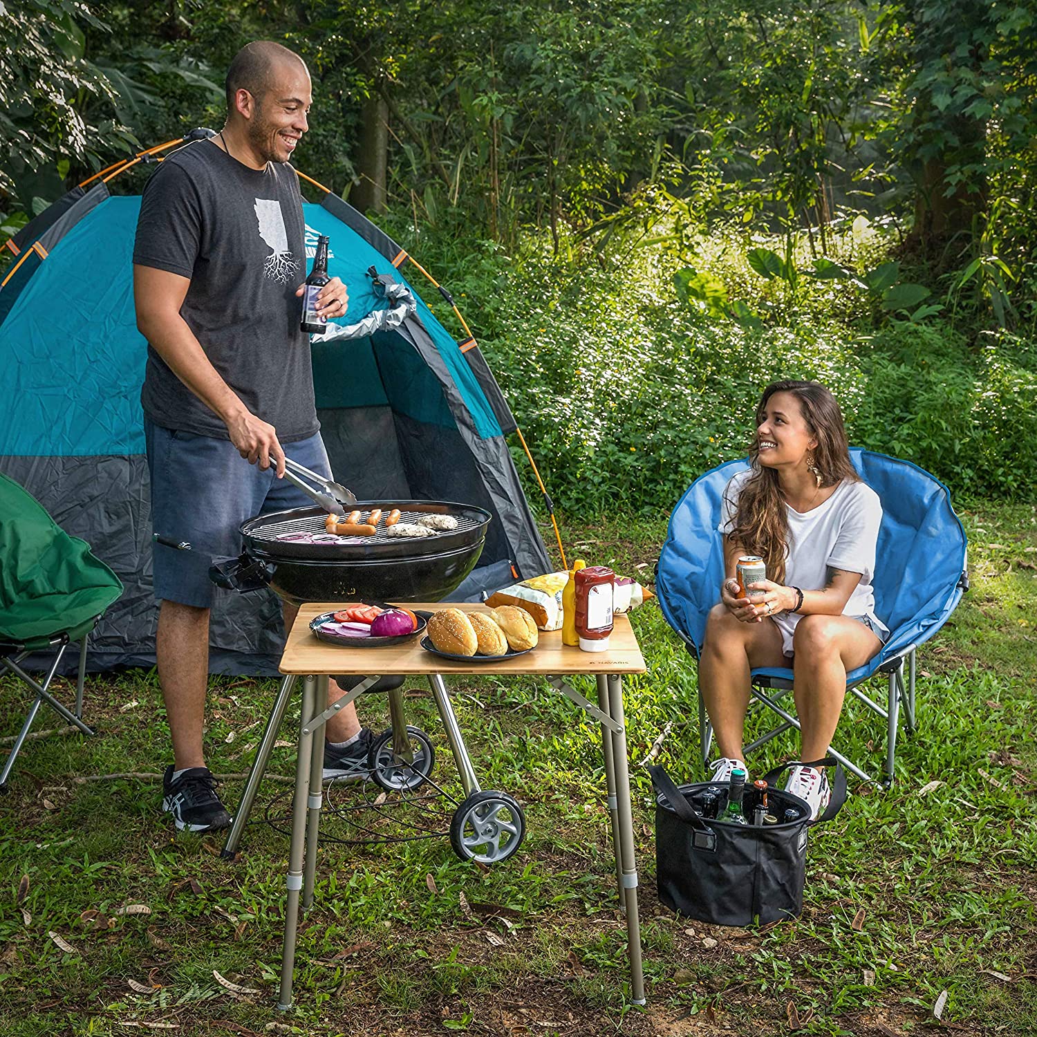 Folding Moon Chair - Foldable Round Padded Seat for Adults or Kids - Perfect for Garden, Camping, Travel, Light Blue