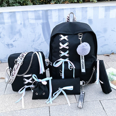 Sac À Dos En Toile populaire Femelle Arc Ruban Campus Étudiant Sac À Dos Décontracté Enfants Emballage De Quatre pièces: black