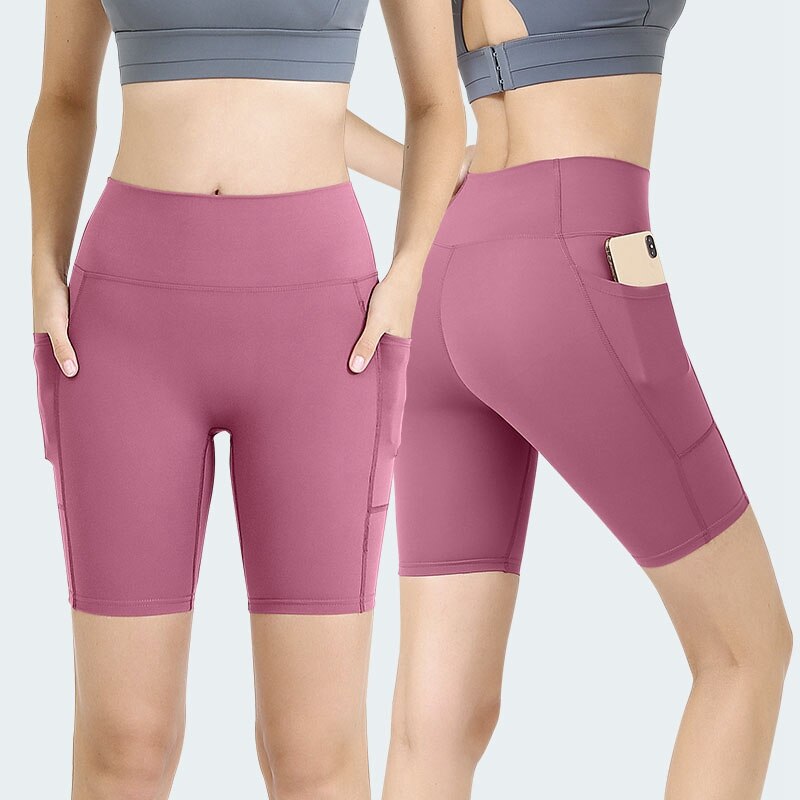 Sommar dam yogashorts dubbla sidfickor sportstrumpbyxor sömlösa fitnessshorts rosa l kod