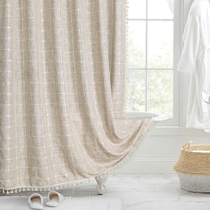 Jacquard-Leinen-Duschvorhang mit Quasten, nordische wasserdichte dicke Badvorhänge für Badezimmer, Badewanne, Badeabdeckung mit Haken