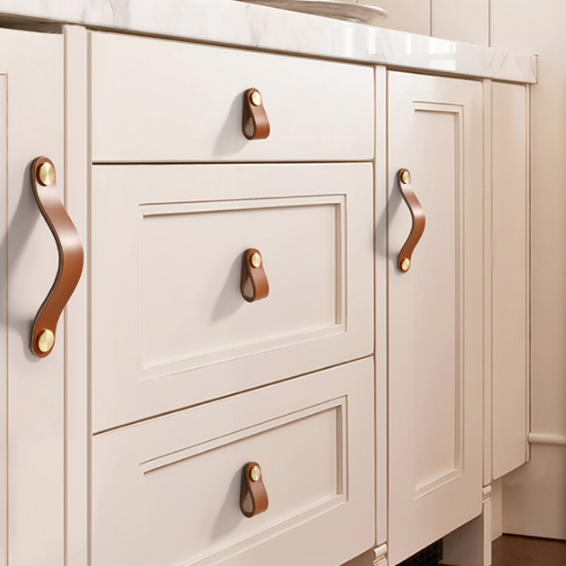 Boutons en cuir marron meubles rétro européens tiroir armoire porte poignée placard armoire à chaussures peau de vache tire bouton