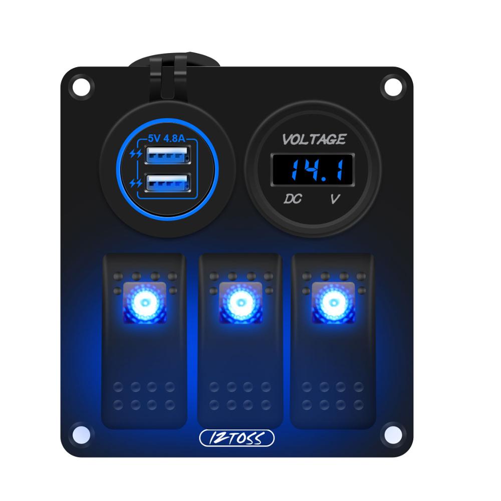 12V/24V 3 Gang Rocker Switch Panel with 4.8A Dual USB Charger and LED Digital Voltmeter for Marine Boat Car Rv Rocker Switch: Blue LED