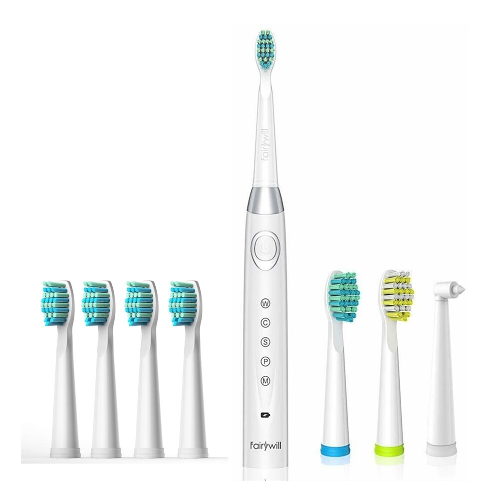 Fairywill – Brosses à dents électriques Sonic pour adultes et enfants,appareil de blanchiment rechargeable avec minuterie intelligente et 10 têtes de rechange, 5 modes de nettoyage,: 508White-FW01