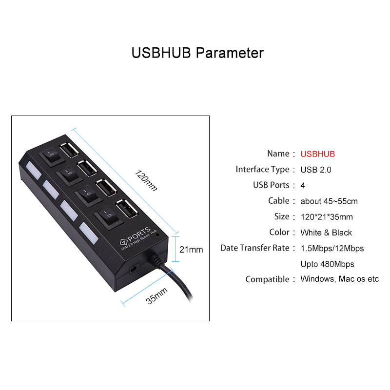 Kebidu 4/7 Port USB HUB Usb 2.0 Hub Multi Usb Splitter Met Aan/uit Schakelaar 480 Mbps voor MacBook PC Notebook Laptop Voor Windows