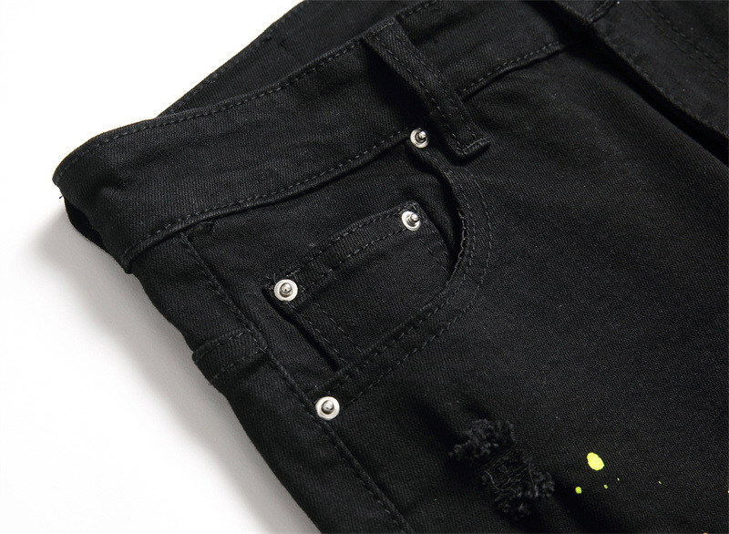 Pantalones vaqueros con remaches de Metal para hombre, Vaqueros rotos con agujeros, ropa de calle a la , Pantalones rectos ajustados elásticos Punk Rok