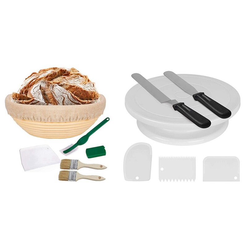 1 Set Banneton Proofing Basket Proofing Basket & 1 Set Rotating Cake Carousel Cake Stand Baking Supplies