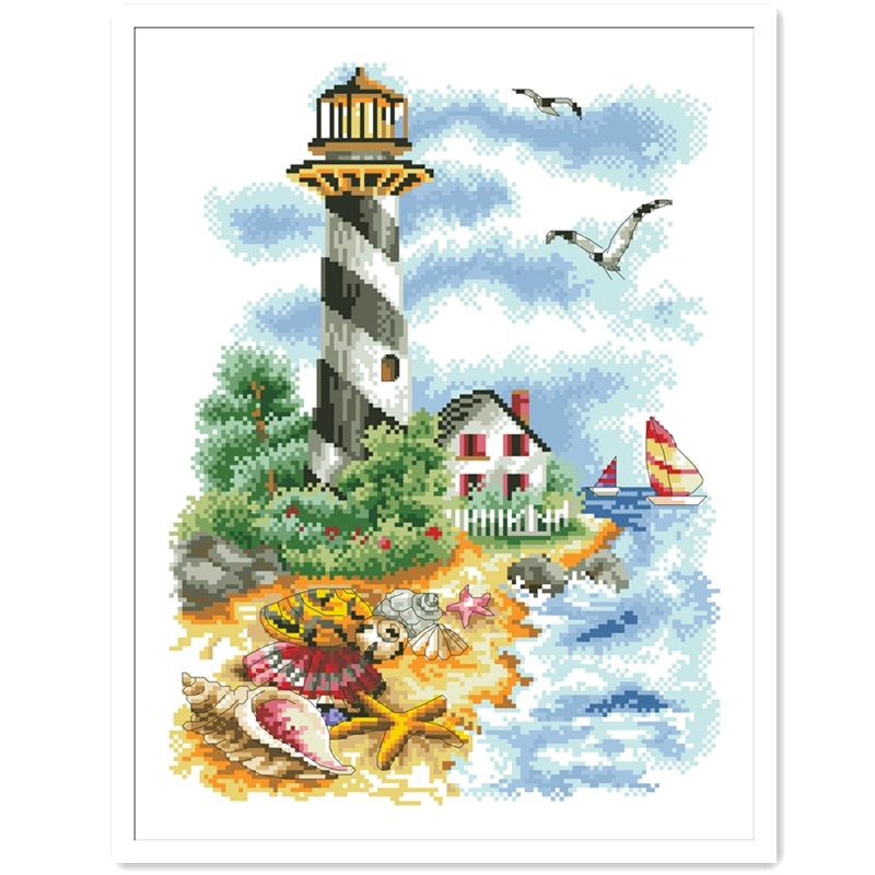 Lighthouse cross stitch package starfish shell seaside 18ct 14ct 11ct cloth cotton thread embroidery DIY handmade needlework