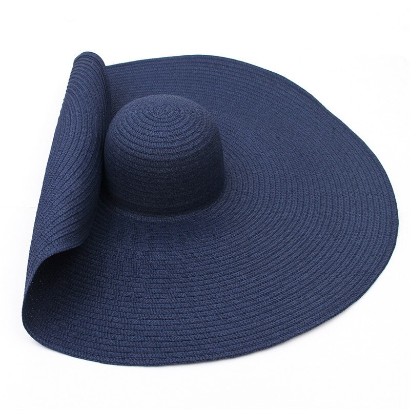Big Beach Sun Straw Hat 30 40cm Brim 80 100cm Diameter Women Round Protect Travel Caps Foldable Super Large Straw Hat: navy blue / adult size --80cm