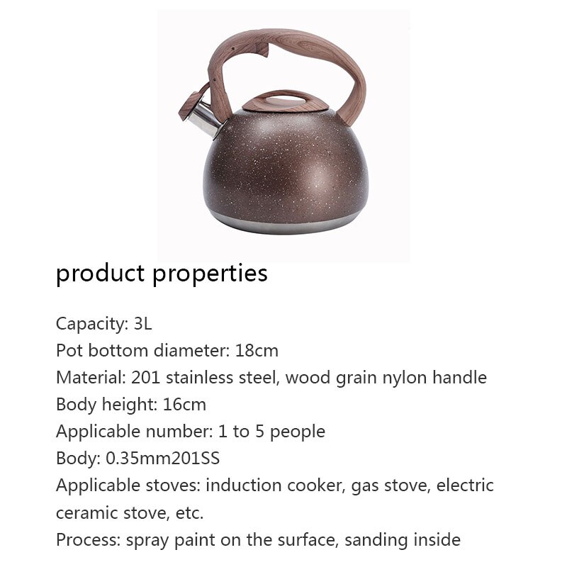 1Pc 3L Rvs Waterkoker Antieke Houten Patroon Nylon Handvat Fluitketel Keuken Vlakke Bodem Kokend Thee Waterkokers
