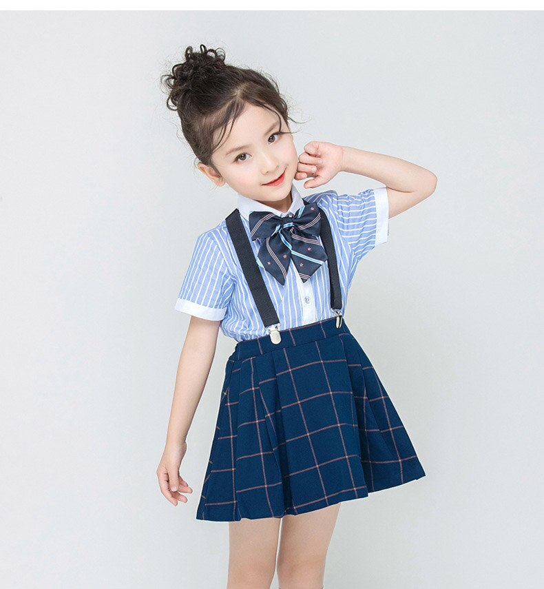 Kids British style School Uniform for Girls Boys Blue Shirts Top Navy Pleated Skirts Pants Clothes Tie Set Students Outfits Suit: 4 pieces suit Girls / 130 height 120-130cm