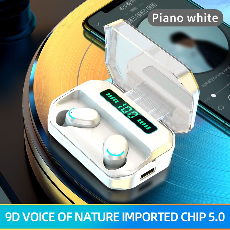 Bluetooth 5.0 ta på-kontroll trådløst musikkhodesett øreplugg med ledet-skjerm ladeboks egnet vanntett hifi stereo 2200 mah: Hvit