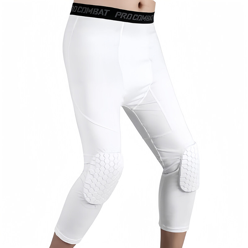 Pantalon de compression de basket-ball avec genouillères pour hommes et garçons, collants de sport de longueur 3/4, leggings d'entraînement rembourrés en accent d'abeille à séchage rapide: L / WHITE