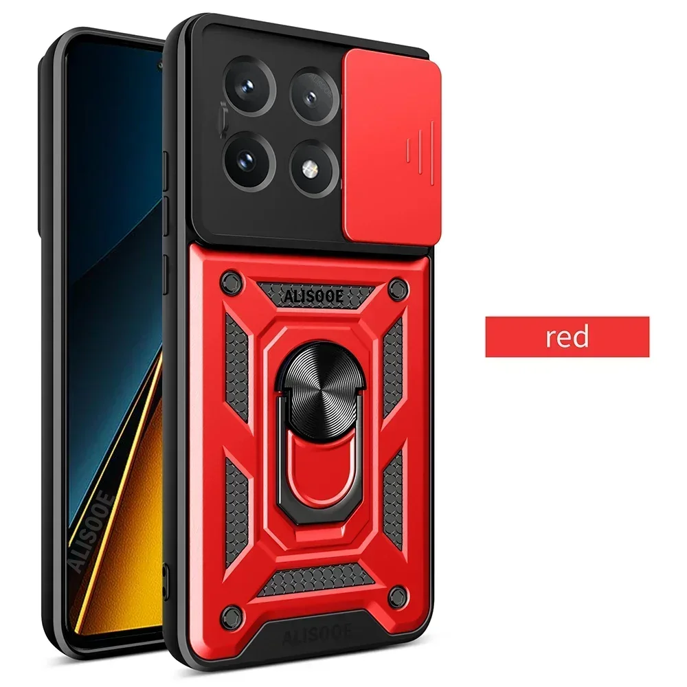 Capa For POCO X7 Pro / X6 Pro 5G Case Armor Slide Camera Lens Protection Back Cover for Xiaomi POCO X6 Pro 5G Ring Stand Funda: ABS / Dark Grey