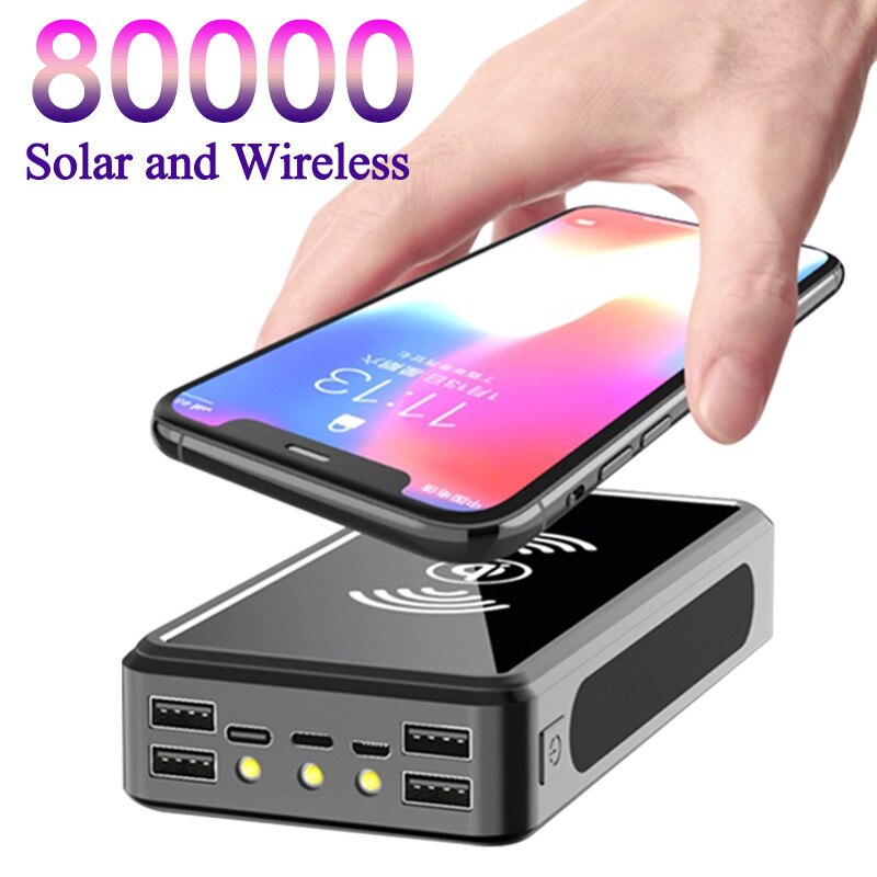 80000mAh Powerbank na energię słoneczną Qi bezprzewodowy przenośny telefon szybka ładowarka ładowanie zewnętrzne 4 zewnętrzne lampy kempingowe USB Powerbank