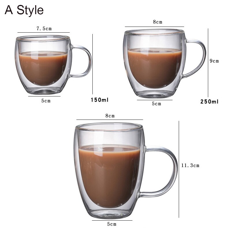 1 st dubbla kaffemuggar med handtaget muggar dricksisolering dubbelväggig glas tekopp drinkware mjölk