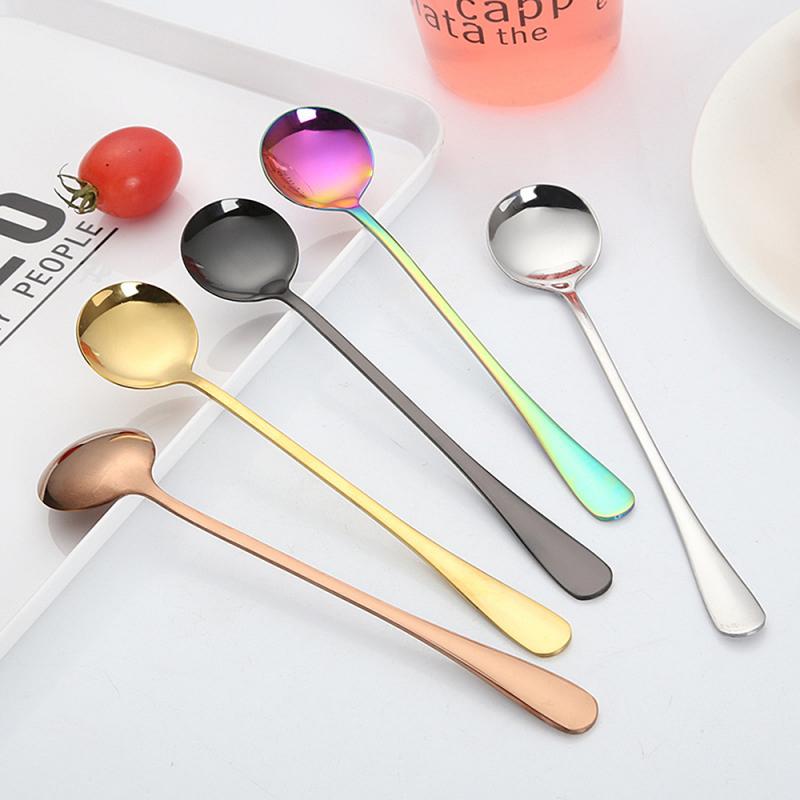 1pc Stainless Steel Mug Spoon 18.7cm 6Colors Round Head Coffee Spoon Long Handle Stirring Spoon Tea Spoon Dessert Spoon Tablewar