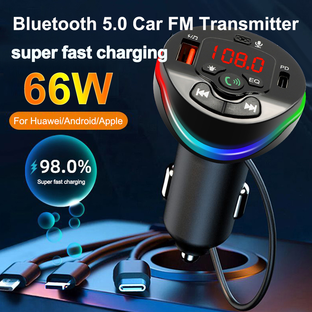 Modulador de transmisor FM para coche, Bluetooth 5,0, llamada manos libres, reproductor MP3, USB PD, cargador rápido de 66W con Cable 3 en 1 para IPhone y Huawei
