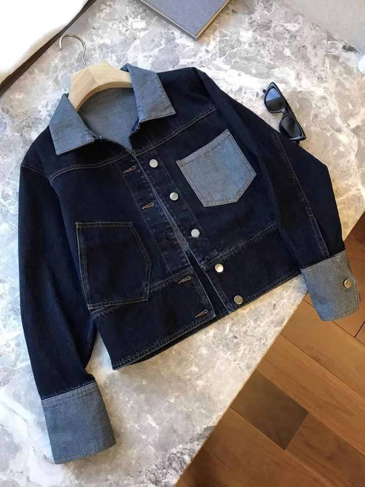 Retro contrasterende kleur revers denim jasje voor dames 2025, herfst losse single-breasted jassen, casual veelzijdige korte top