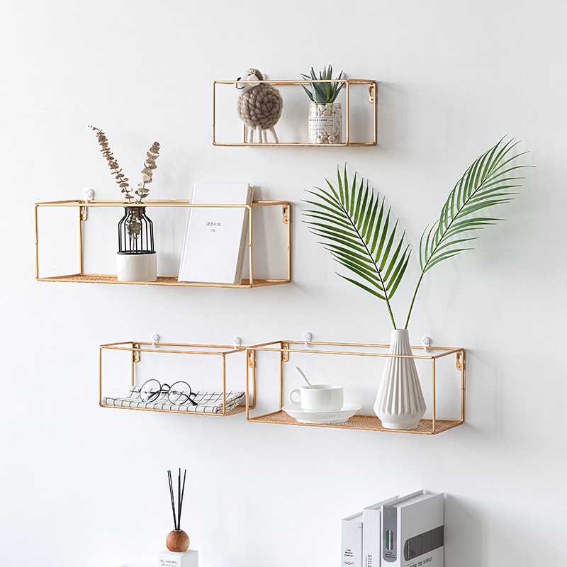 Estantes de hierro dorado para pared, manualidades de decoración de escritorio creativas de Metal, soportes de almacenamiento, organización de estantería flotante colgante para el hogar