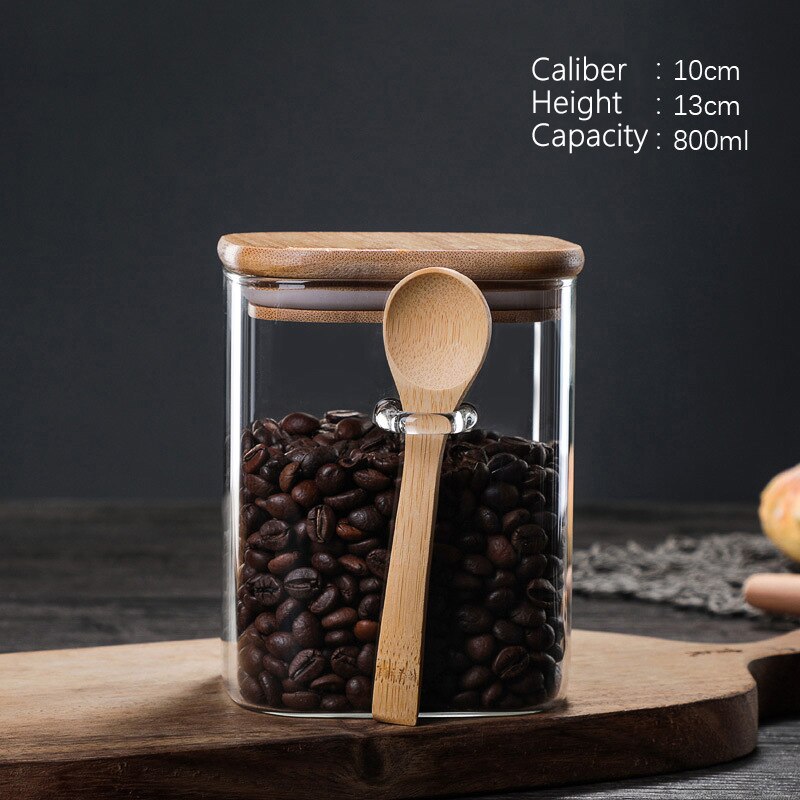 Caixa de armazenamento de cozinha de 800-1200ml tamanho, usando vidro transparente selado enlatado frasco de feijão de café de doces, com colher e tampa de bambu