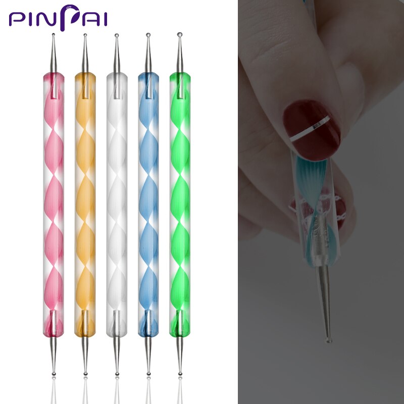 PinPai 5Pcs 2 manieren Nail Acryl Pen Puntjes Nail Art Diamant Puntjes Pen Gemengde Kleur Gereedschap Schilderen Spiraal Streep pen Kits