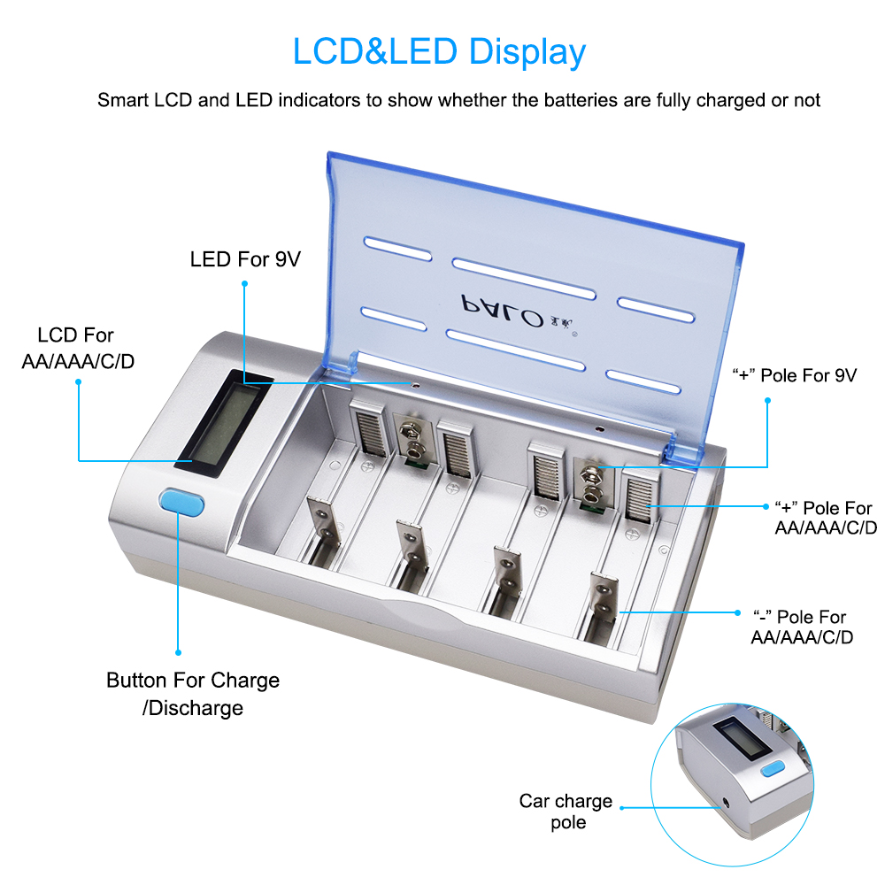 Palo Oplaadbare Lcd-scherm Smart Screen Batterij Lader Voor Ni-Mh NI-CD Aa/Aaa/C/D /9V Batterijen