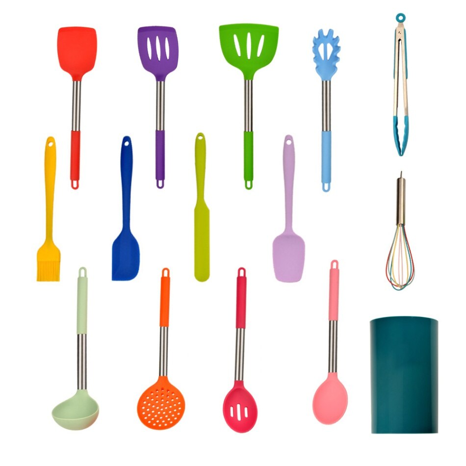 Kitchen Utensils Set 14/11/10/8/5Psc Silicone Cooking Utensil Set Non-stick Heat Resistant Tools with Wooden Handle Storage Box: 14pcs