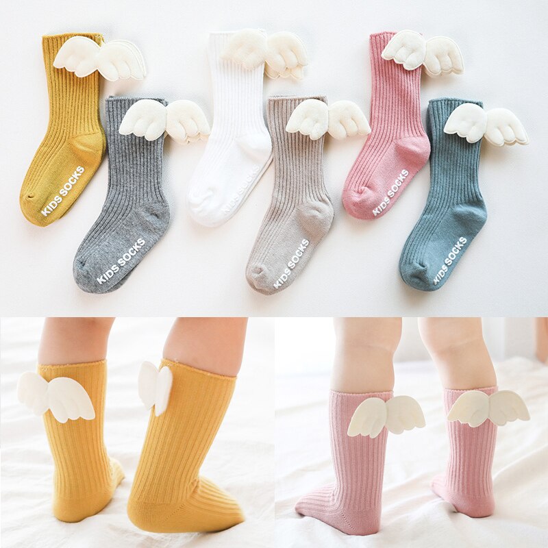 Mooie Engel Vleugel Katoenen Baby Sokken Herfst Winter Baby Meisje Kniehoge Sokken Effen Kleur Peuter Kids Anti Slip Lange sokken