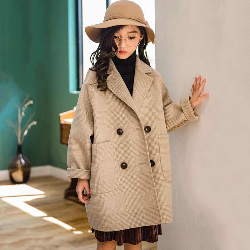 neue Herbst Winter freundlicher Mädchen Baumwolle Lange Jacken freundlicher Revers Plaid Wolle Mantel Teenager Mädchen lässig warm Wolle Outwear k18: Aprikose / 3T