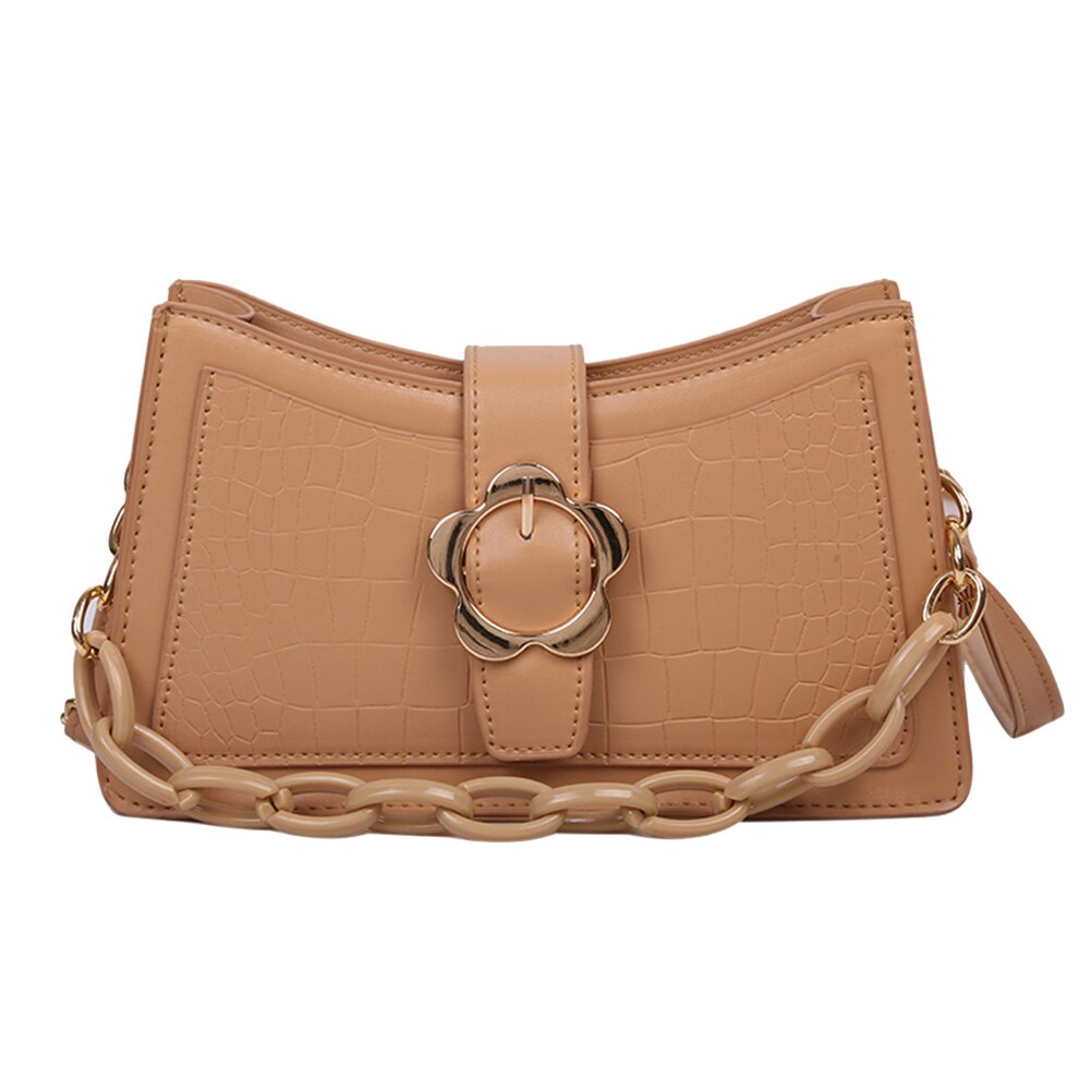 Alligator PU sacs à bandoulière jeunes dames Simple polyvalent sac femmes fleur boucle chaîne pochette à bandoulière: CAMEL