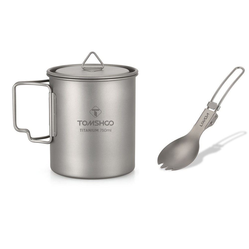 TOMSHOO Ultralight Tazza di Titanio 750ml Tazza di Acqua Tazza di Titanio Cucchiaio Spork Campeggio Esterna Tazza di Acqua Tazza con Manico Pieghevole: Cup e Spork