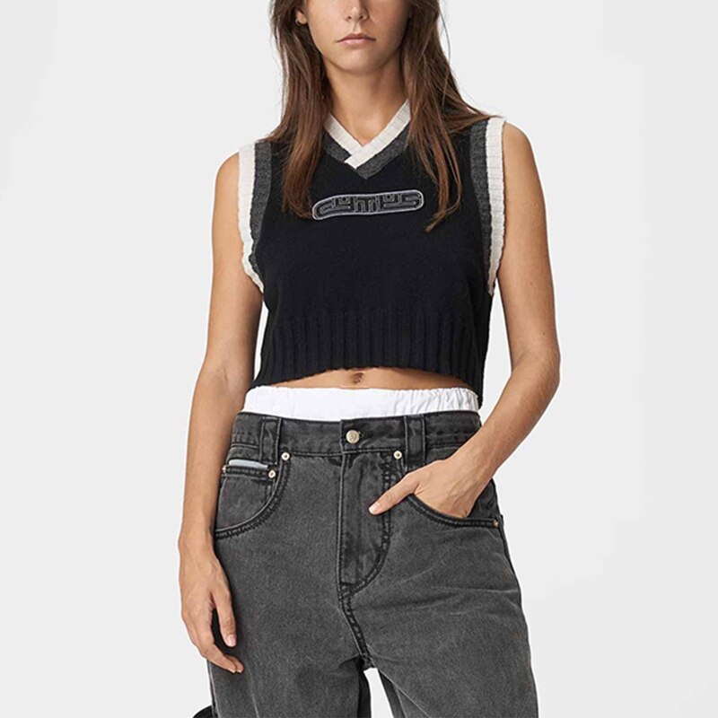 Kvinner høst vintage strikket ermeløs v-hals bokstaver trykt cropped tank top ribbet kant løs genser genser genser