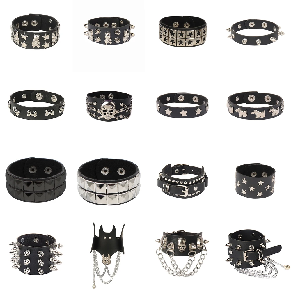 Bracelet gothique Punk crâne, chaînes en métal, pointes à rivets, en cuir Pu, manchette large, bijoux pour femmes et hommes, 2023
