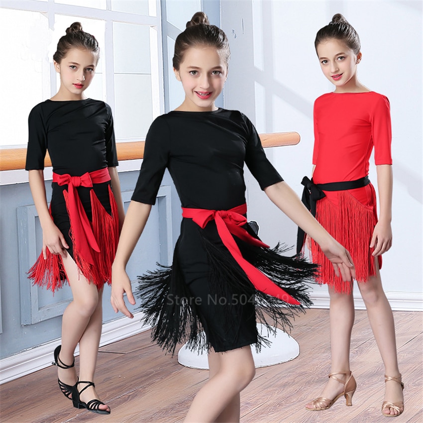 Latinsk dansekjole pige kvast nederdel latinsk salsa børn balsal kjoler halværmet frynser samba karneval kostumer tango børn