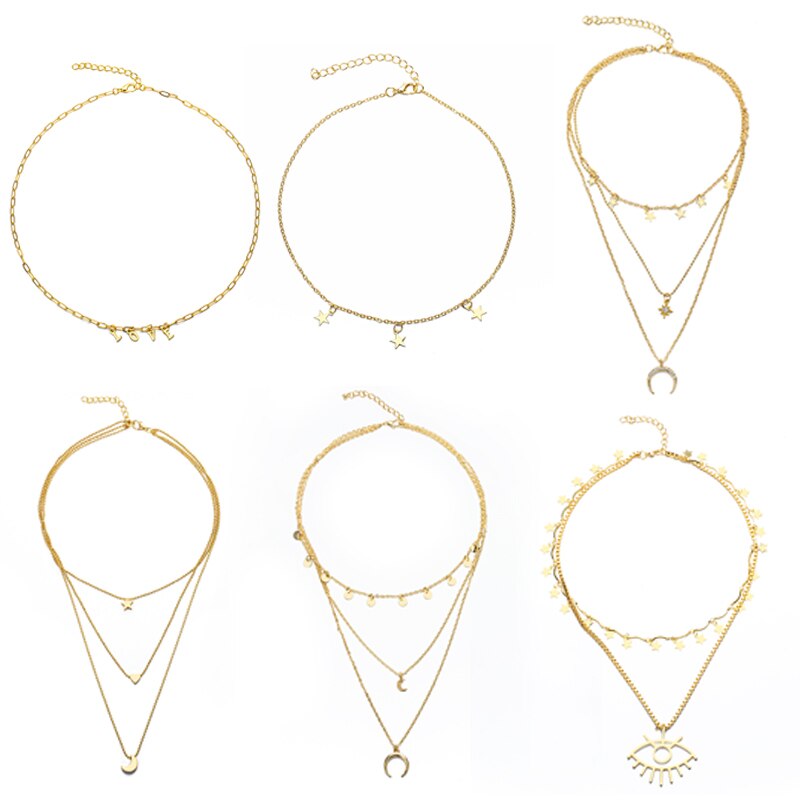 Neue Bohemien Multi geschichtet Halskette für Frauen Sterne mond Jahrgang herz Charme Halsband Partei Anhänger Halskette Geometrische Schmuck