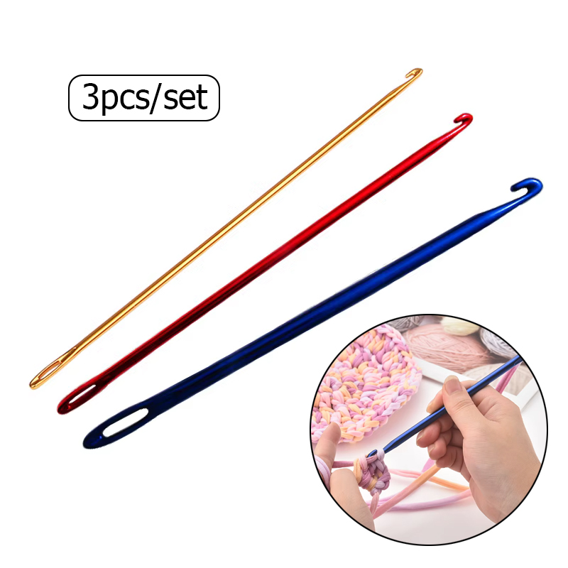 3 uds gancho de tejer DIY gancho de ganchillo de aluminio herramienta de punto tunecino afgano con ojo de aguja herramienta de tejer a mano aguja de coser de 3 colores