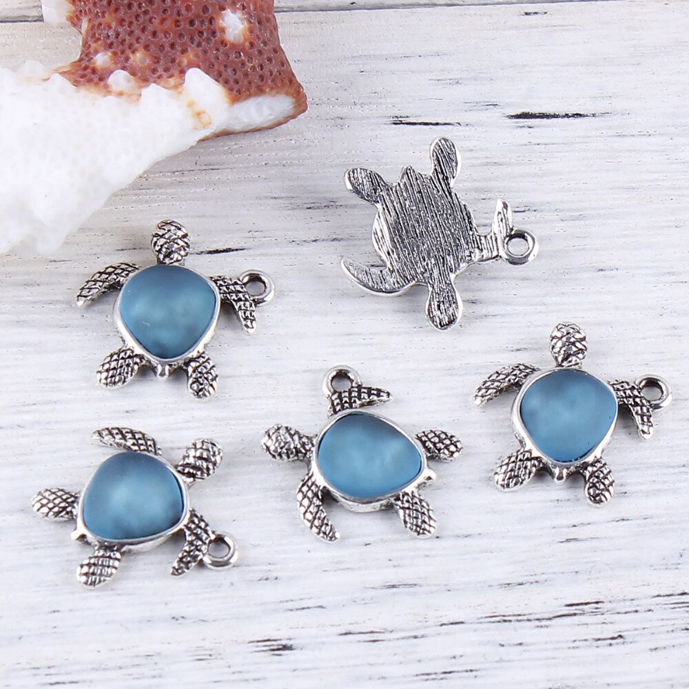 Schmuck Handgemachte Anhänger Zink Legierung Auf Silber Farbe Meer Schildkröte Blau Meer Glas Charme Zubehör Halskette DIY Entdeckungen, 5 PCs