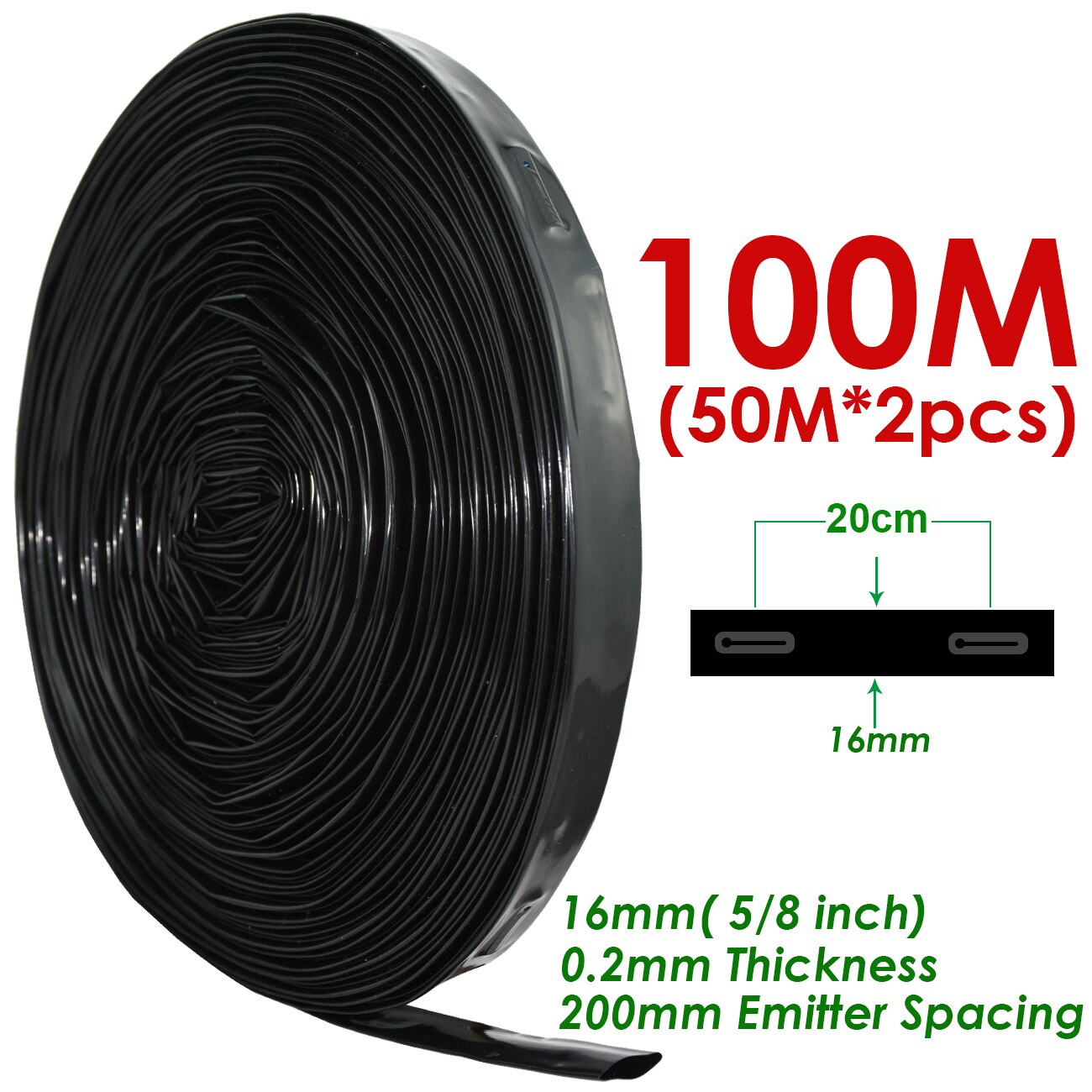 Ruban d'égouttement d'irrigation pour serre et jardin, 20-150m, 16mm, 8mil, 0.2mm, épaisseur 20cm, espacement de l'émetteur et du goutteur, 5/8 en effet, connecteur de tuyau: Rouge