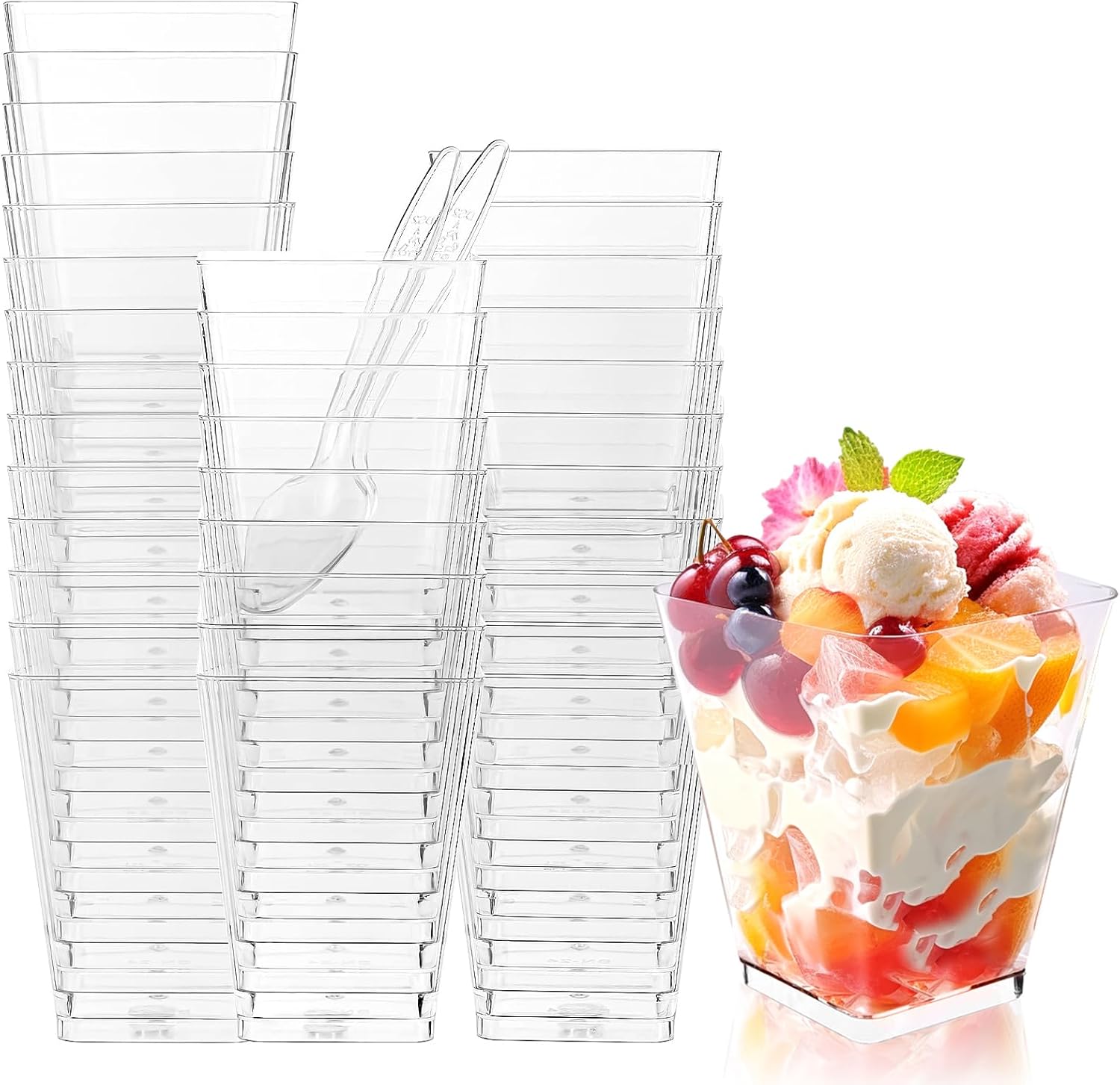 Wielorazowe kwadratowe plastikowe kubeczki na desery z łyżeczkami Przezroczyste kieliszki na przekąnarty mini kieliszki na smakołyki robić degustacji słodkości