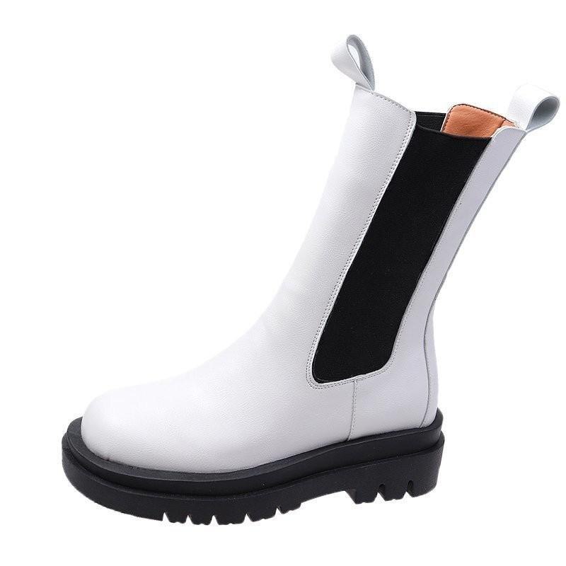 Kvinnor botas fyrkantig tå plattform tjock klack mid-calf boots kvinna slip-on chelsea booties höst vinter vit: Vit / 35