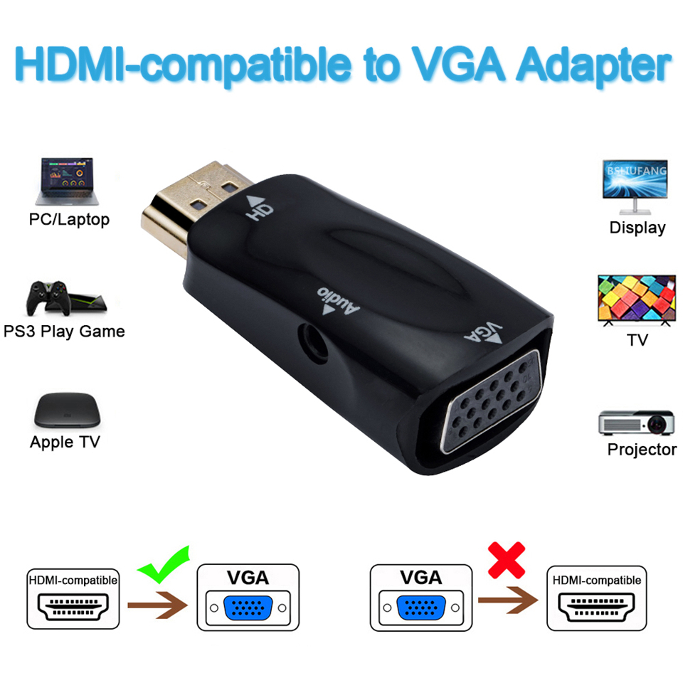 HDMI-compatibel naar VGA-kabelconverter Man-vrouw Converter Adapter 3,5 mm Jack Audio HD 1080P voor pc Laptop Tablet
