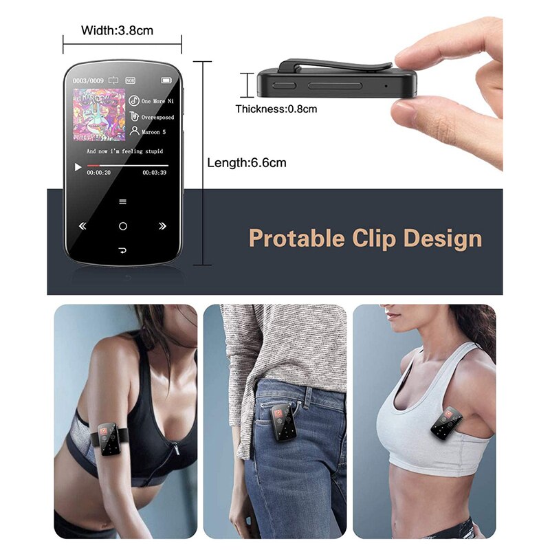 Reproductor MP3 de 32GB con Clip y Bluetooth, Mini dispositivo deportivo con pantalla táctil portátil con podómetro, Radio FM, auricular grabador de voz