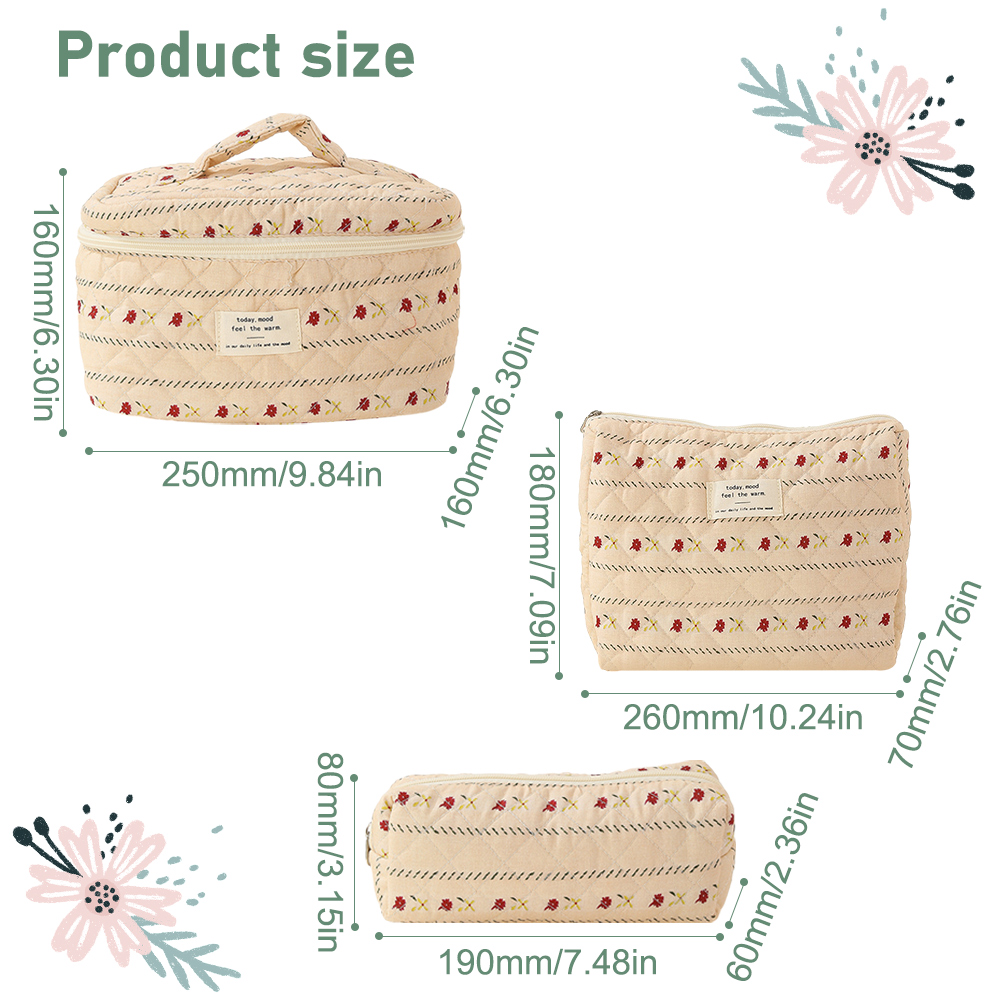 3pcs/set Ladies Quilted Cotton Storage Bag Aesthetic Printed Makeup Bag Women's Large Capacity Toiletry Organizer Cosmetic Pouch: Brown