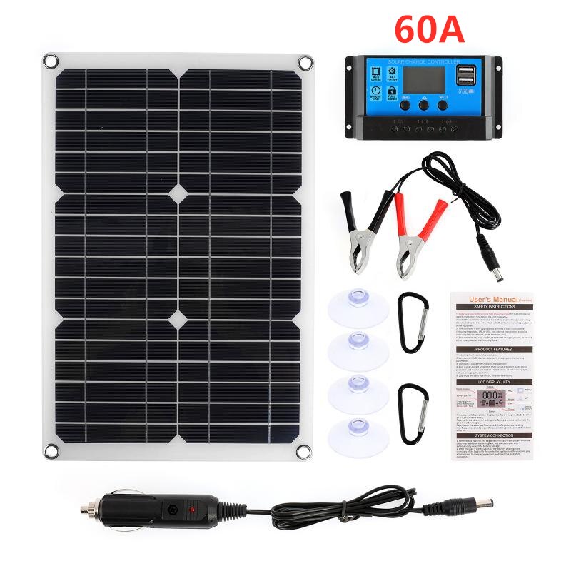 Kit de painel solar portátil de 180w, porta usb com 10/20/30a, controle com tela lcd, carregador solar, uso externo, portátil, fonte de alimentação, pnone: with 60A Controller