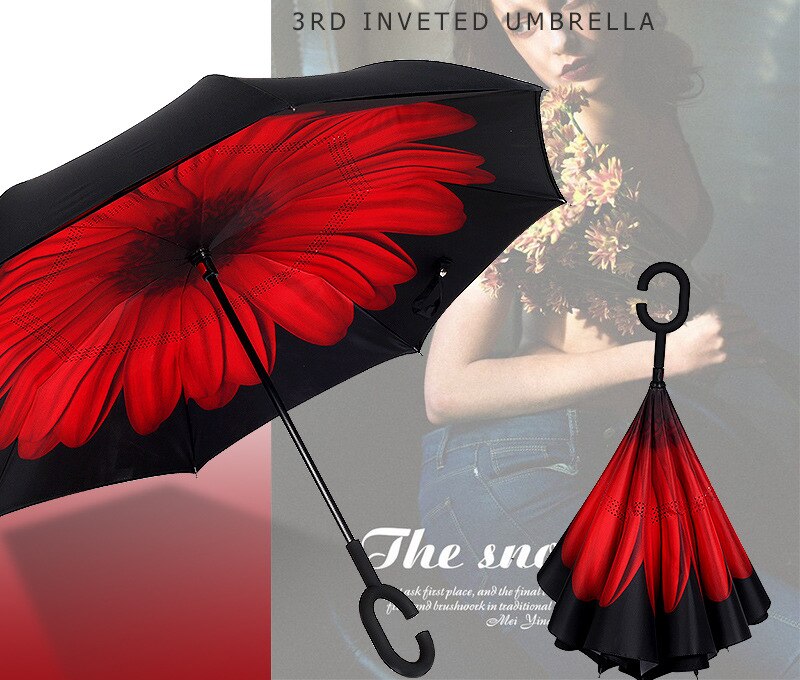 Reverse Umbrellas Folding Double Layer Inverted C Hand Holder Stand Sun Rain Windproof Rolling Over Umbrella For Women