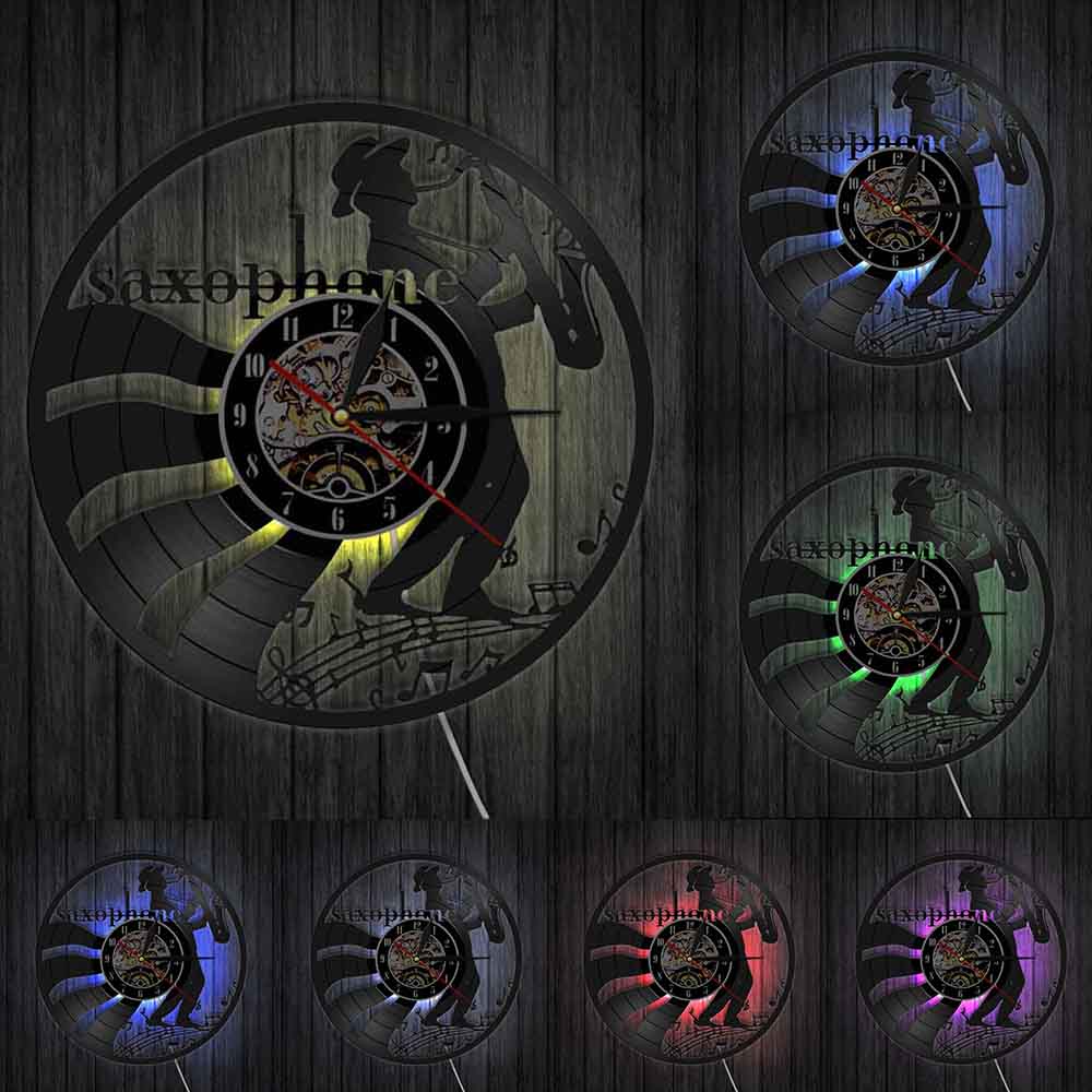 Jazz Saxofoon Vinyl Record Wandklok Muziekinstrument Led Wall Art Horloge Saxofonist Home Decor Sax Speler Muzikant: With LED