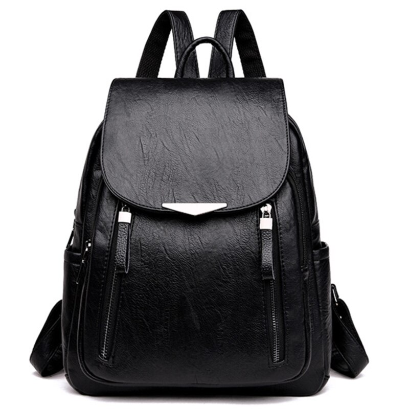 Casual Backpack Female Brand Leather Women's Backpack Large Capacity School Bag For Girls Double Zipper Leisure Shoulder Bags: black